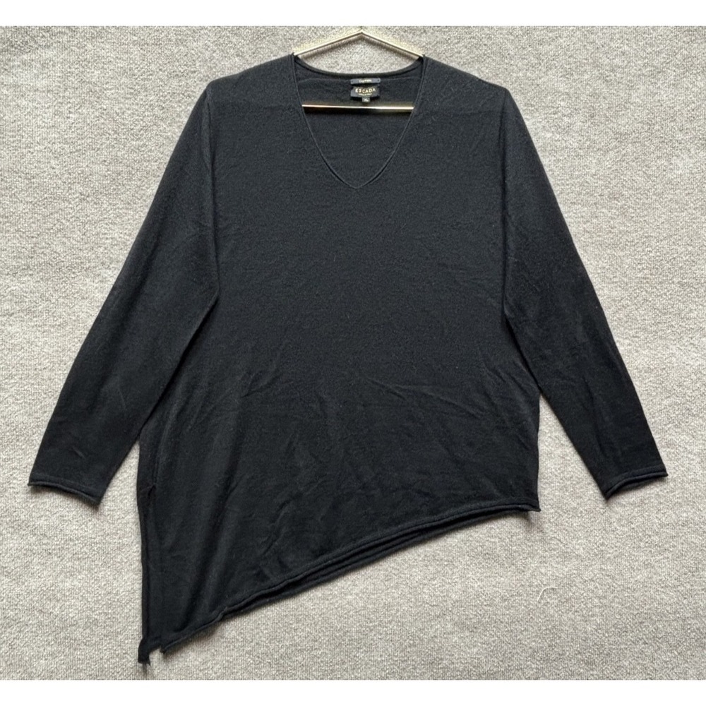 Escada 100% Cashmere V Neck Asymmetric Sweater‎ Womens XL Black Soft Pullover
